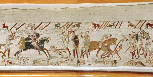Viele fallen in der Schlacht und König Harold wird getötet, Teppich von Bayeux